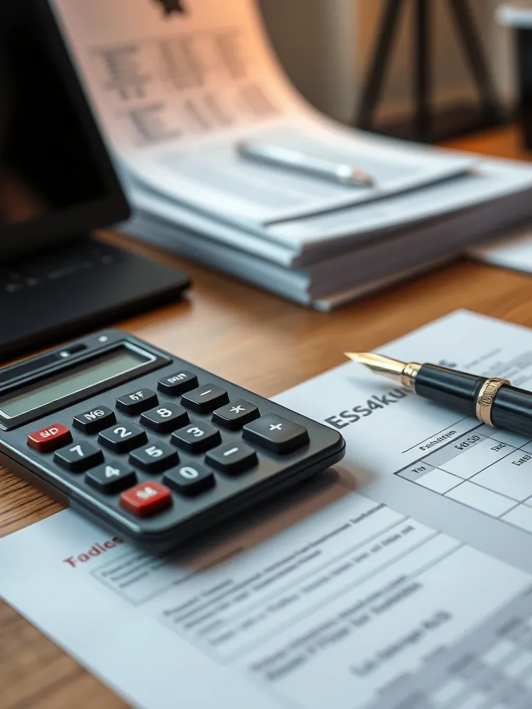 A professional office desk with a calculator, some financial